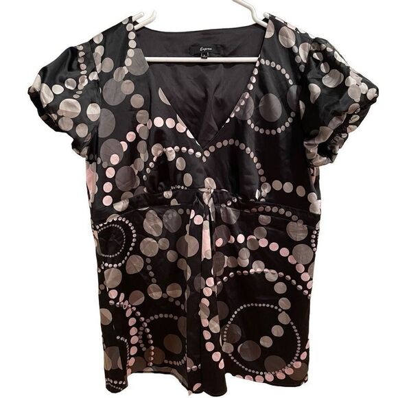 Express Top Women L Puff Sleeve Black Abstract Bubble Empire Waist Tie Workwear - Picture 1 of 8